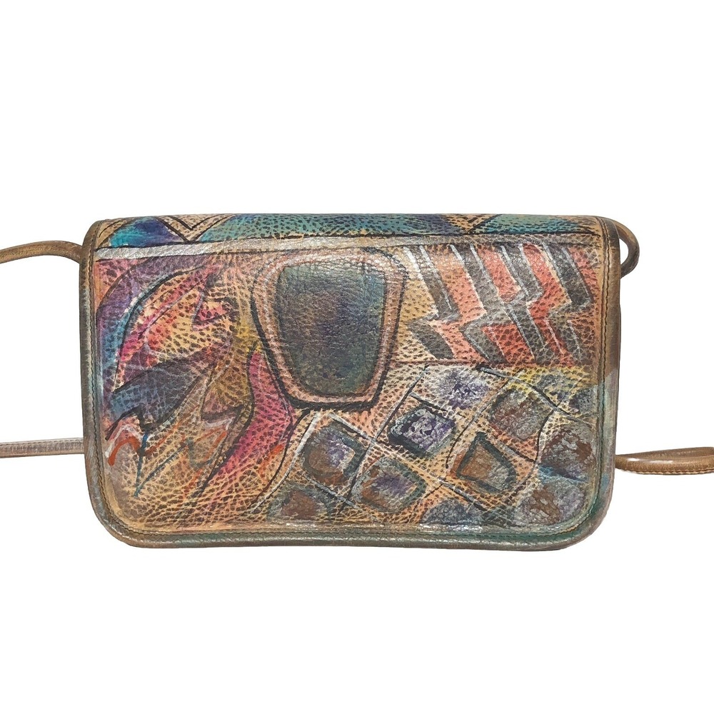 Vtg 80s 90s Jane Yoo Hand Painted‎ Leather Crossbody Bag Wearable Art Abstract